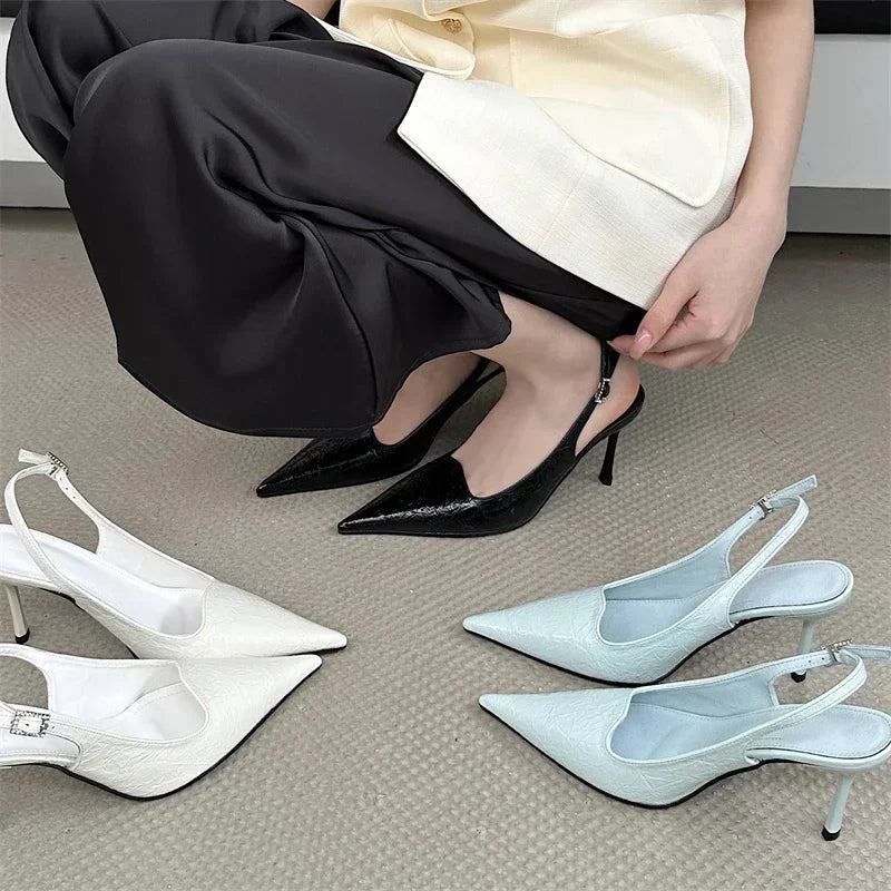Slingbacks Thin High Heels Pointed Toe Buckle Strap Pumps Blue Party Dress Shoes Heeled Sandals