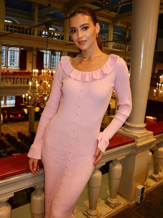 Ruffled Knit Long Dress for Lapel Slim High Waist Single Breasted Sweater Maxi Dress Party Dresses