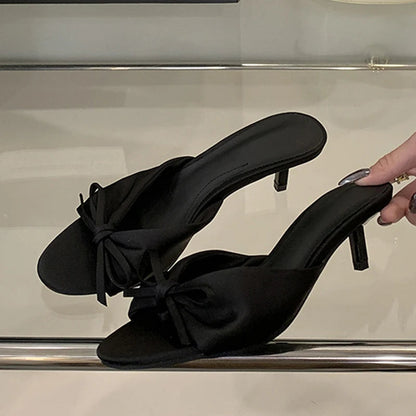 Summer Silk Butterfly Knot Slippers Sandals Shallow Open Toe Thin Low Heels Mules Slides Shoes Zapatos Mujer