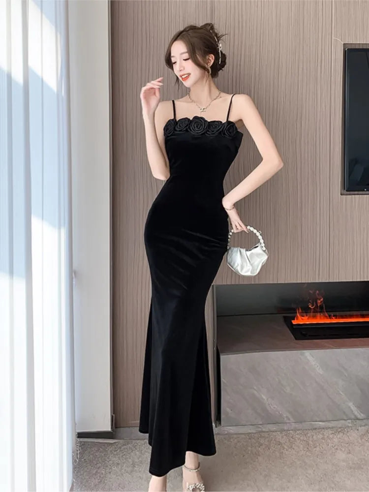 Autumn Winter Black Velvet Appliques Sling Long Dress Dress Korean Vintag Dance Party Night Dress