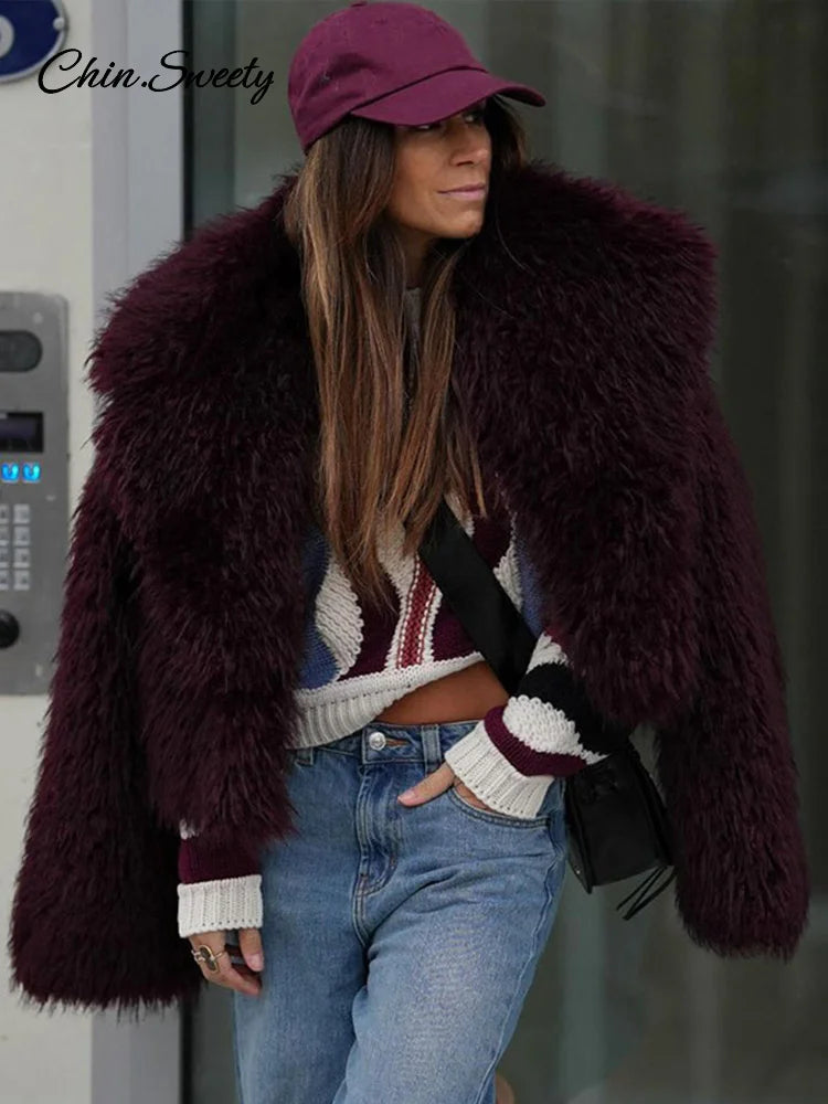 Faux Fur Coat Fluffy Lapel Loose Long Sleeve Burgundy Red Cropped Jacket Female Winter High Street Outwear
