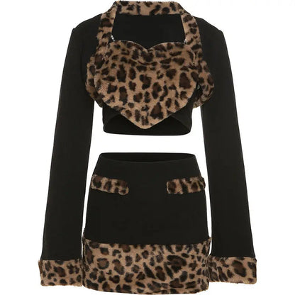 Sweet Spicy Girl Retro Love Leopard Pattern Splicing Tank Top Long Sleeve Coat High Waist Slim Short Skirt Set Three Piece Set