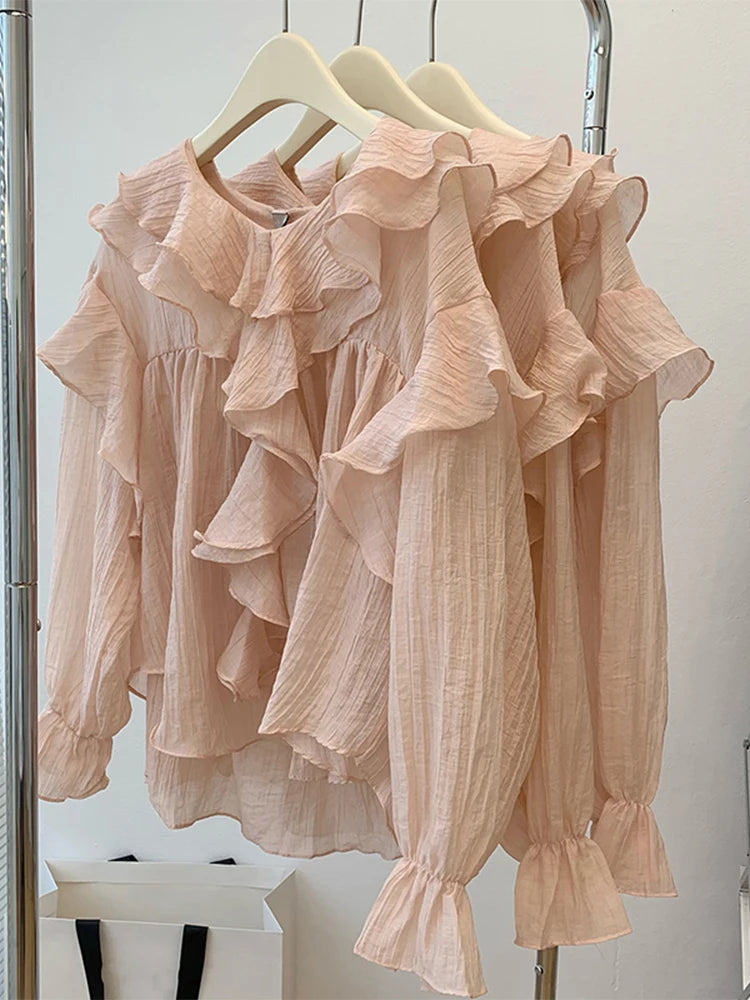 New Autumn Winter Crewneck Ruffle Pleated Puff Long Sleeve Design Blouses Oversize Patchwork Chiffon Overshirt