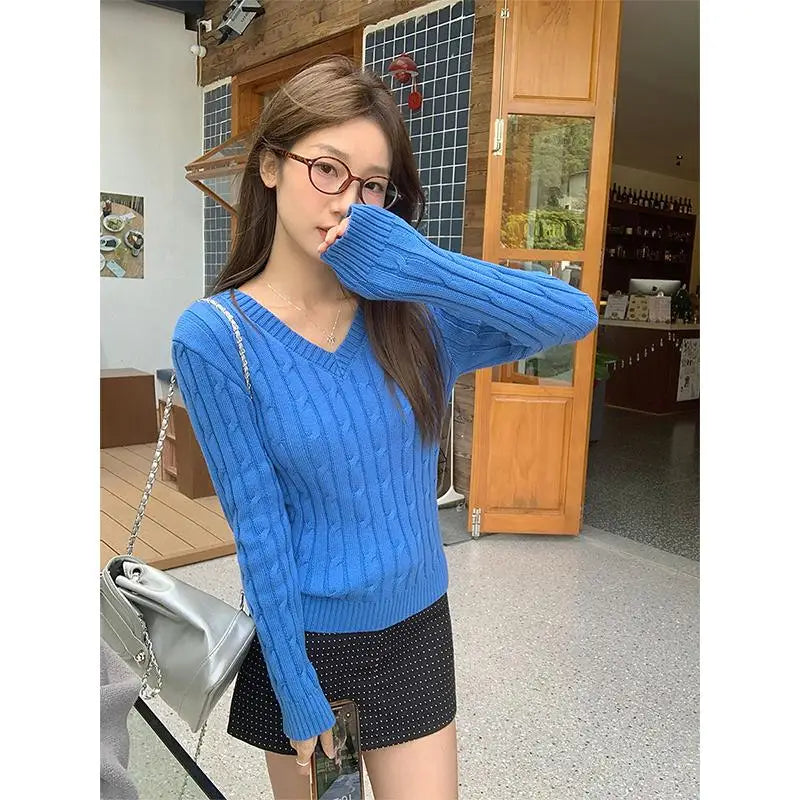 Autumn Winter New Blue Short Knitted Pullover Twists Sweater Korean V Neck Long Sleeved Versatile Crochet Tops