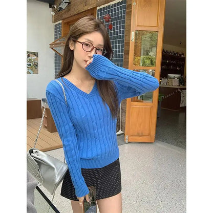 Autumn Winter New Blue Short Knitted Pullover Twists Sweater Korean V Neck Long Sleeved Versatile Crochet Tops