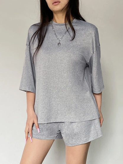 Gray O Neck Loose Basic Half Sleeve T Shirt and Shorts 2 Pieces Sets Leisure Homewear
