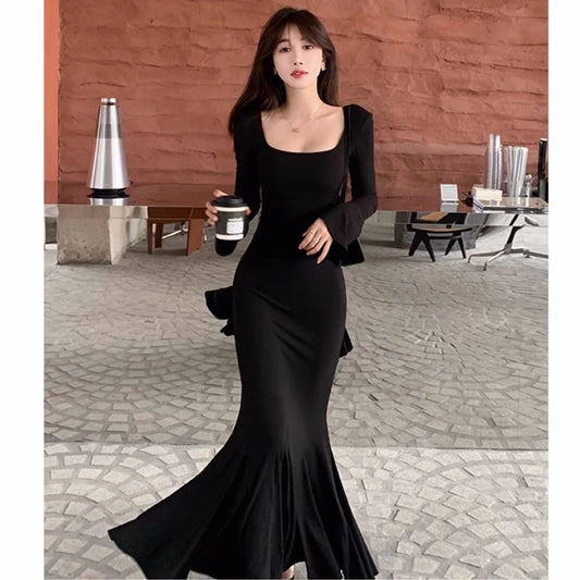 Autumn Long Dresses for Long Sleeves Square Collar Korean Style Slim Fit Mermaid Basic Vestidos New