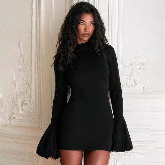 Pull Sleeve Black Mini Dress Female High Waist Long Sleeve Dresses Club Party Bodycon ’s Clothing
