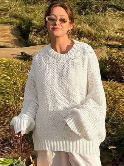 Knitted Hollow Out O-neck Sweaters Loose Long Sleeve Pullover Sweater Female Autumn Street Tops
