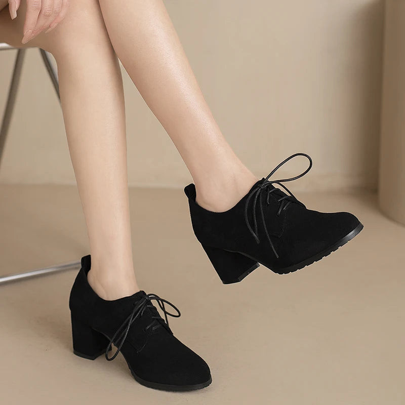 Spring New Retro Pumps Classics Flock Lace Up Office Round Toe Block High Heel Shoes Female Size 3343 Black Brown
