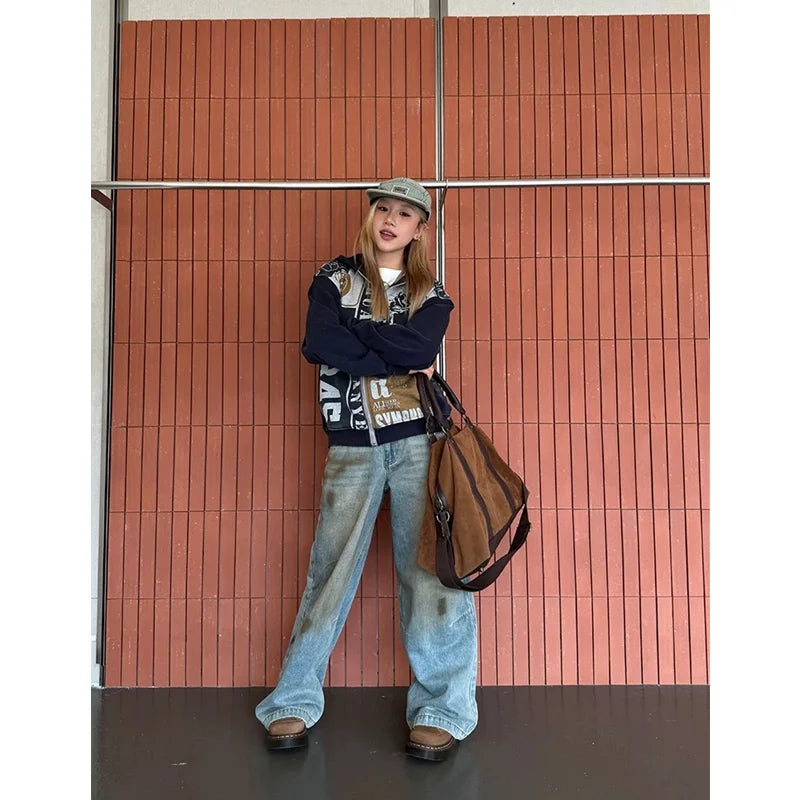 Street 2000s Pants Baggy Y2k Wide Leg Washed Grunge Denim Trouser American High Waist Straight Emo Jeans