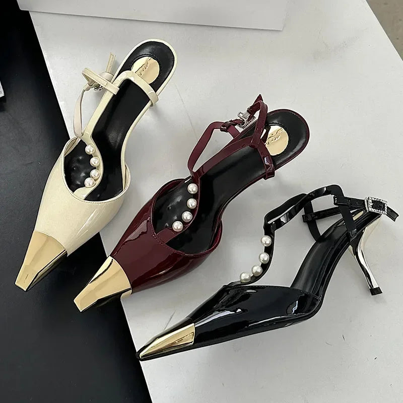 Metal Pointed Toe Thin High Heels Tstrap Pearl Party Dress Shoes Designer Pumps Sandals