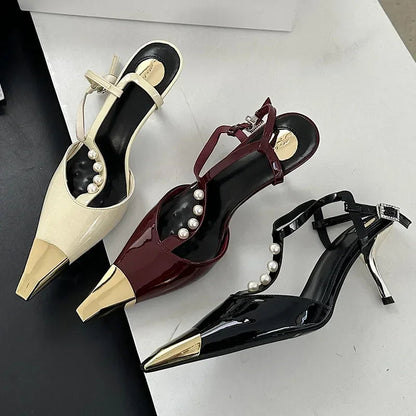 Metal Pointed Toe Thin High Heels Tstrap Pearl Party Dress Shoes Designer Pumps Sandals