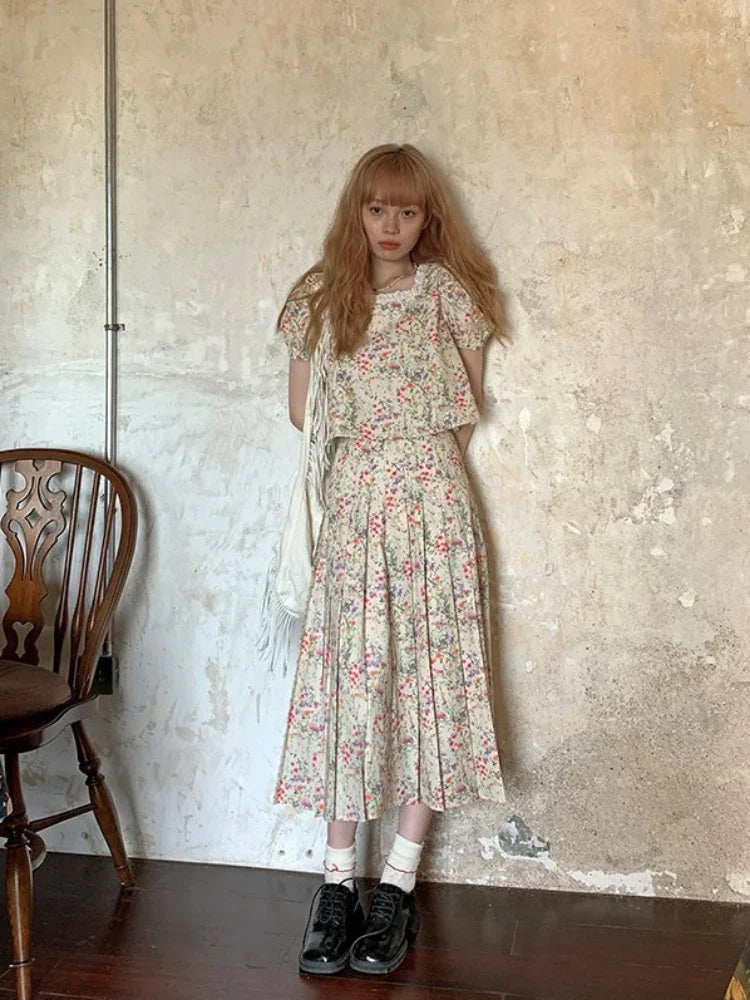 Shortsleeved Shirts Woman Square Collar Summer Half Skirt Pleated Aline Skirts Sets Conjuntos Cortos