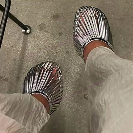 Silver Round Toe Slippers Cut Heels Patent Leather Shoes for Thin High Heels Party Shoes Zapatos Para Mujere