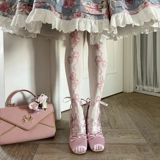 Pink Purple Blue White Black Crossstrap High Heels Thick Heel Girl Ballet Shoes Outside Y2k Satin Lolita Single Shoes