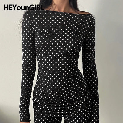 Dot Print Fitted Crop Top Long Sleeve T-shirt Autumn Basic Tees Street Outfits