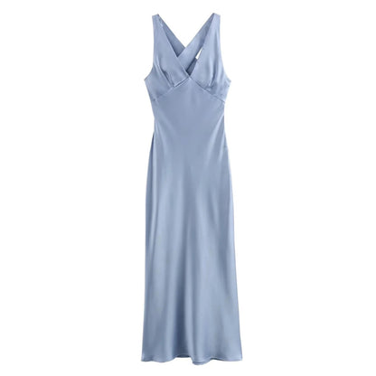 Vneck Party Long Dress Satin Sleeveless Slim Fit Dresses Zipper Female Backless Maxi Dress