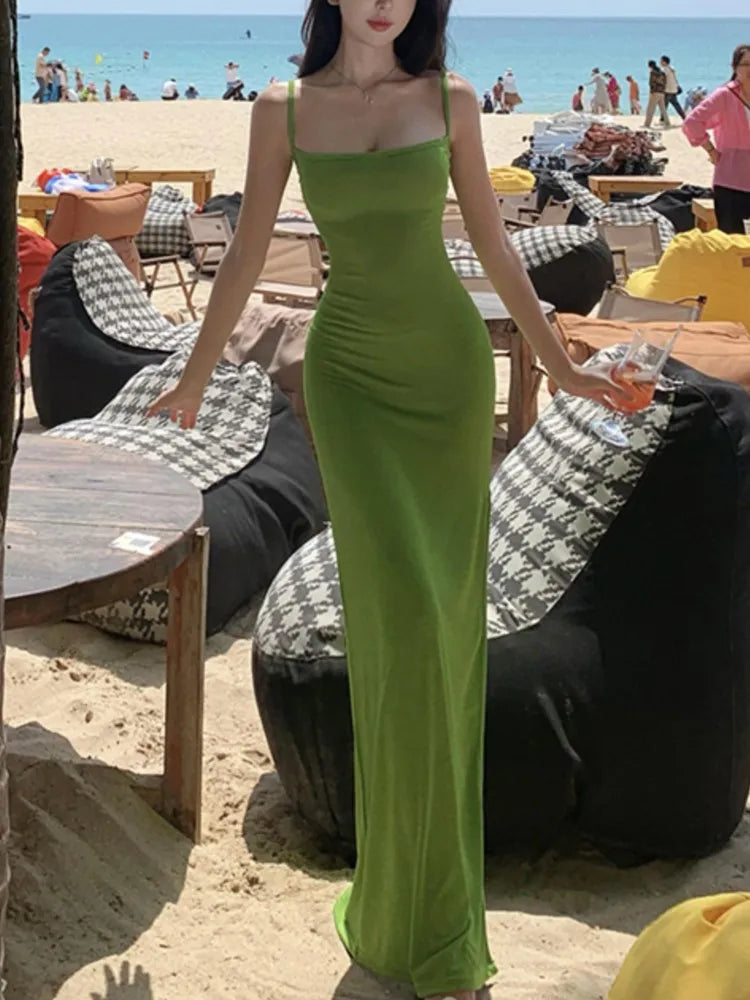 Spaghetti Strap Green Long Dresses Slash Neck Sleeveless Bodycon Party Dress Summer Holiday Beach Vestidos Robe New