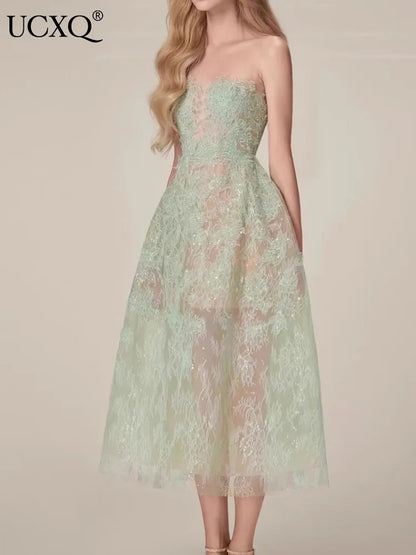 Korean Style 3d Flower Sequin Lace Strapless Dress Multi-color Mesh Long Dresses New Spring Summer A7877