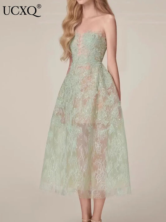 Korean Style 3d Flower Sequin Lace Strapless Dress Multi-color Mesh Long Dresses New Spring Summer A7877