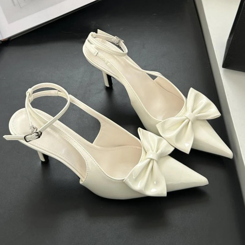 Bowknot Pointed Toe Ankle Strap High Heeled Shoes Brand Designer Thin High Heel Backless Sandals Sweet Pumps
