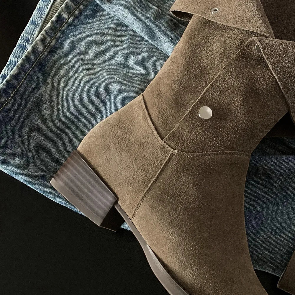 3442 Natural Suede Leather Metal Buckle Slipon Flats Autmn Knee High Boots Fold Boots Shoes