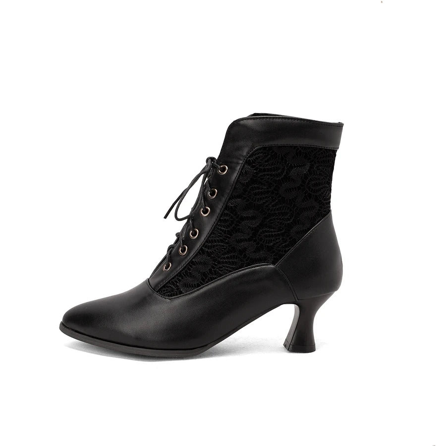 White Red Victorian Pointed Toe Ankle Boots Pu Leather Embroidered Laces Punk Crosstied Kitten High Heel Shoes