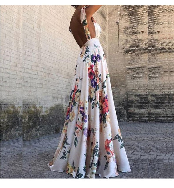 Flower Print Bowknot Leace-up Sleeveless Long Dresses V-neck Backless Evening Party Maxi Dress Spring Summer New