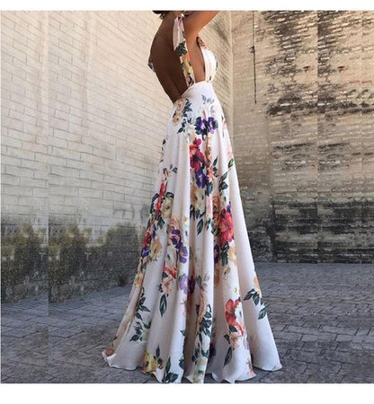 Flower Print Bowknot Leace-up Sleeveless Long Dresses V-neck Backless Evening Party Maxi Dress Spring Summer New