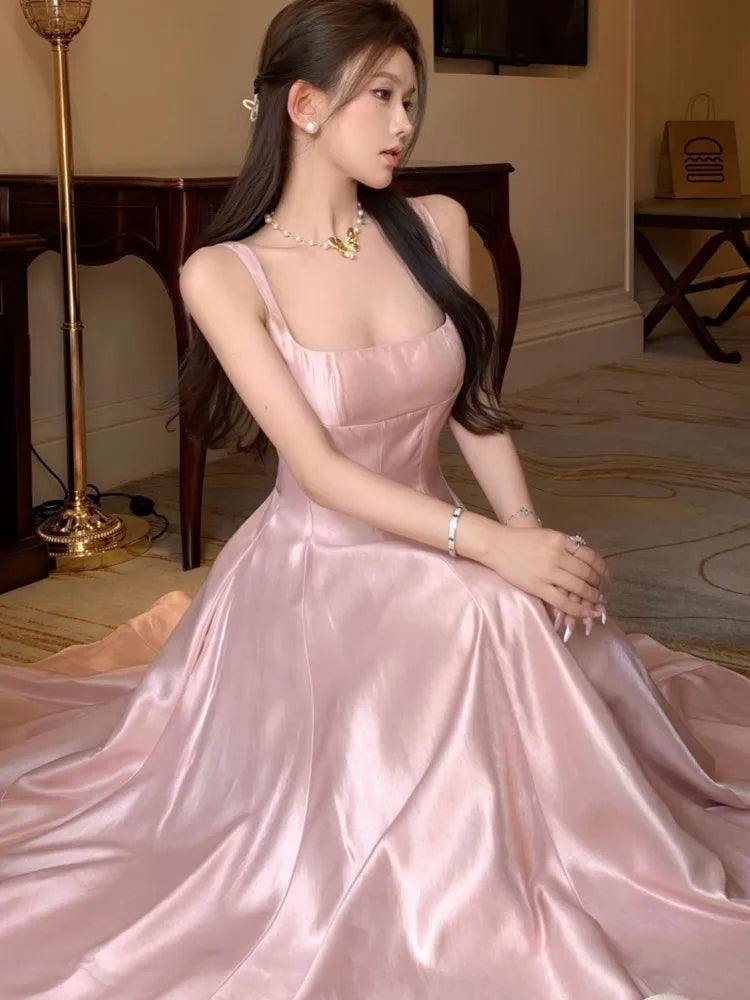 Satin Midi Dresses for Sleeveless High Waist Evening Party Dress A-line Prom Robe Korean Summer Vestidos