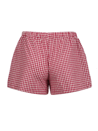 Christmas Preppy Y2k Red Plaid Elastic Waist Shorts Loose Sweet Summer Vacation Outfits