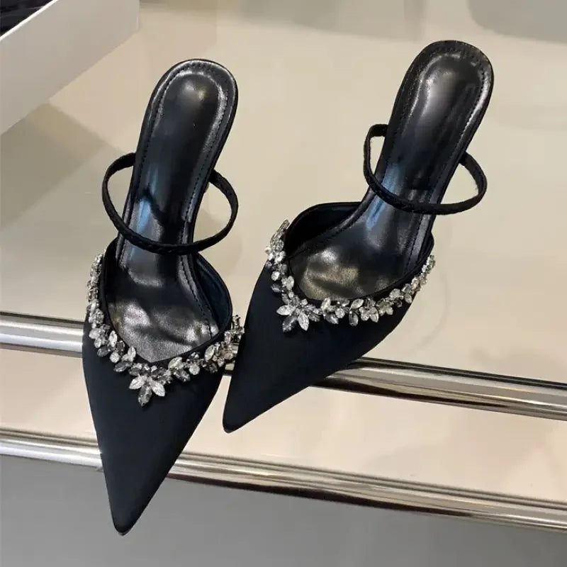 Spring Summer Pointed Toe Slippers Crystal Thin Heels Party Dress Mule Shoes