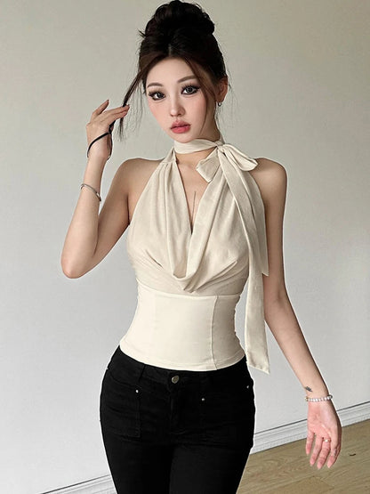 Korean Sleeveless Tank Tops Plaid Y2k Crop Top Female Outdoors Backless Blouse