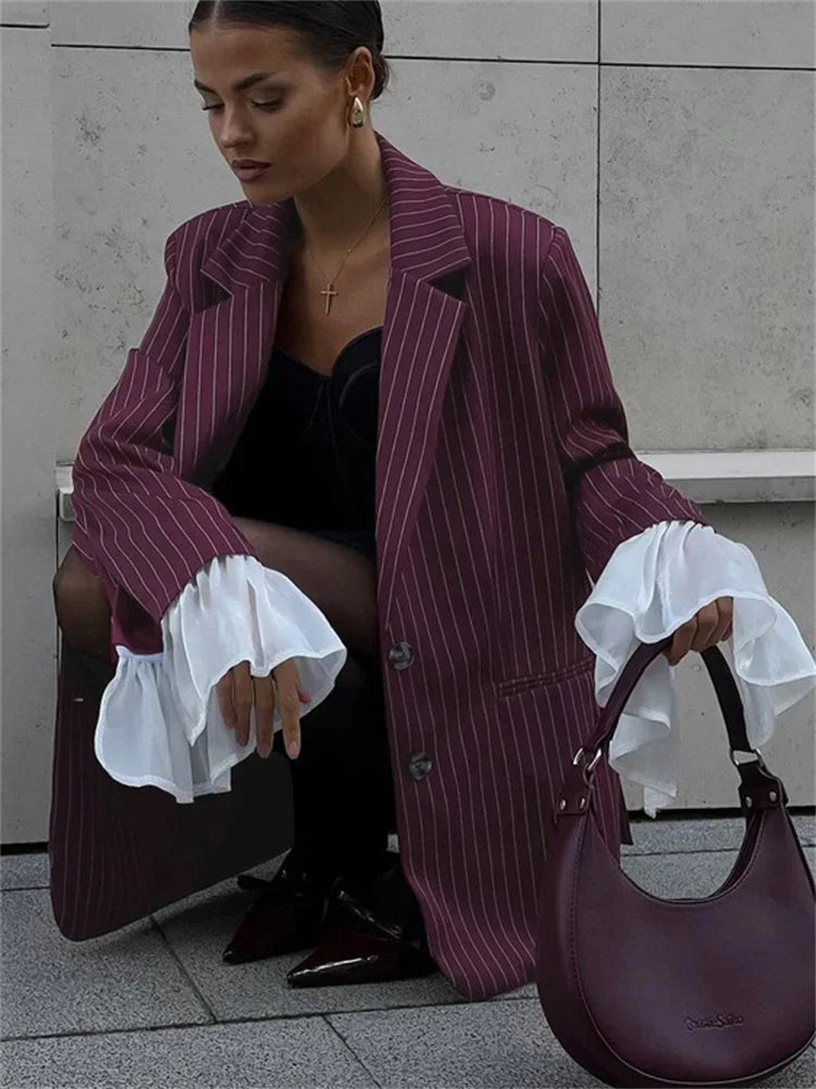 Lace Striped Suit Outwear for Patchwork Long Sleeve Lapel Commute Pocket Coat Ruffled Female Loose Blazer