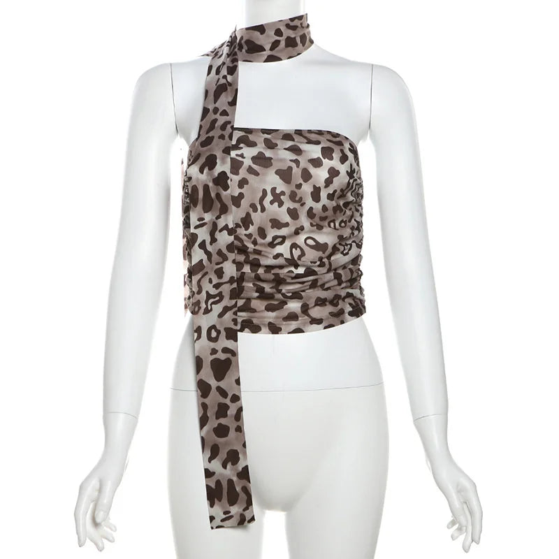 Tulle Leopard Print Top With Bandeau Off-the-shoulder Straight-cut Neckline Summer for Summer Blouse