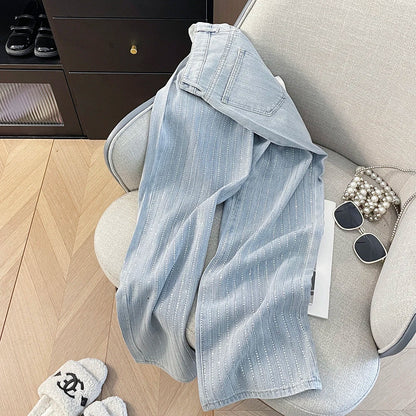 Korean Shiny Hot Diamond Temperament High Waisted Straight Tube Loose and Slimming Narrow Version Wide Leg Denim Pants for