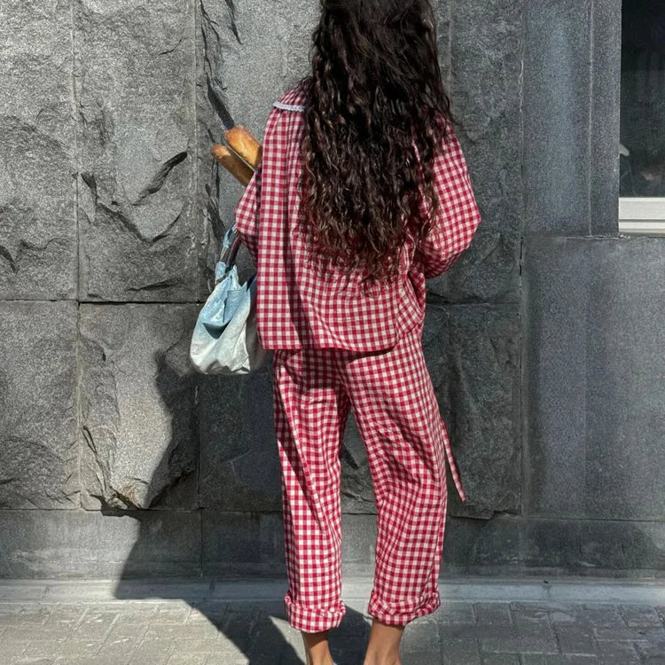 Red Plaid Wide Leg Pants Sets Long Sleeve Lace-up Blouse+elastic Waist Trouser Lace Trim 2 Piece Set New