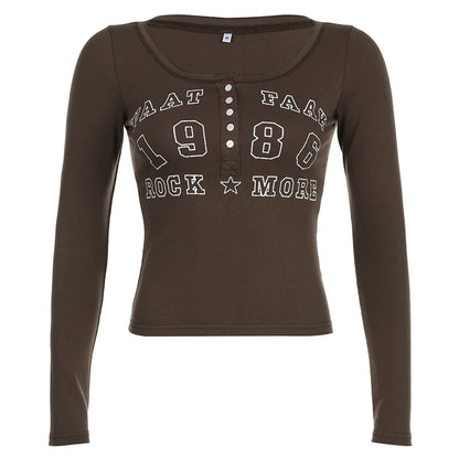 American Retro Letter Print Button V-neck Shirt ��s Autumn New Blouse Slim Basic Knitted Top Tees Fashio