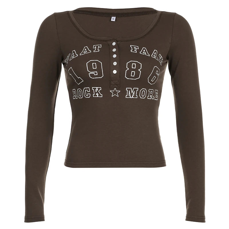 American Retro Letter Print Button V-neck Shirt ��s Autumn New Blouse Slim Basic Knitted Top Tees Fashio