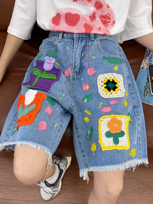 Korobov Knitted Denim Short Pants Female Summer New Loose Pants Tassel Design Short Para Mujeres