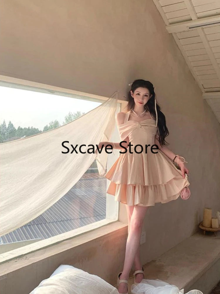 Summer Y2k Mini Dress Sweet Even Party Dress Office Lady Kawaii Clothing Bow Birthday Dress Korean