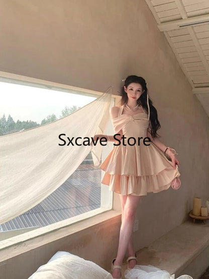 Summer Y2k Mini Dress Sweet Even Party Dress Office Lady Kawaii Clothing Bow Birthday Dress Korean