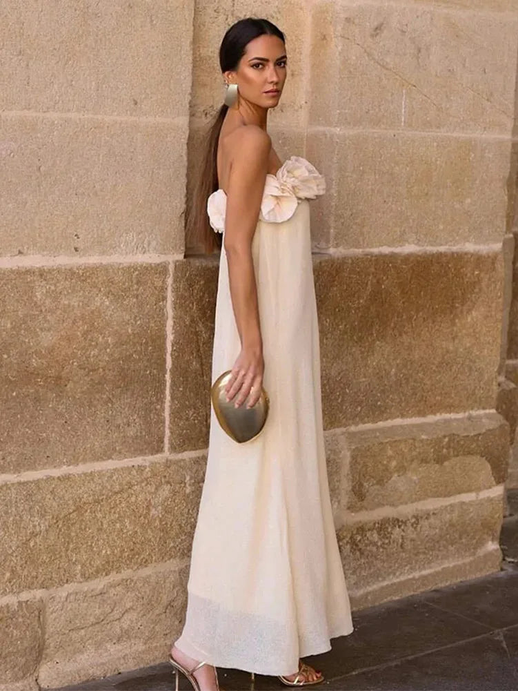 Summer Tube Long Dress 3d Flowers Decorate Strapless Dresses Female Sleeveless Slim Maxi Dress