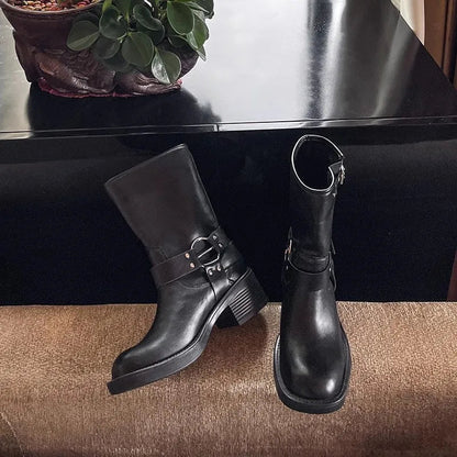New Ankle Boots Thick High Heels Knight Boots Leather Western Boots Shoes Cowboy Boots Botas De Mujer