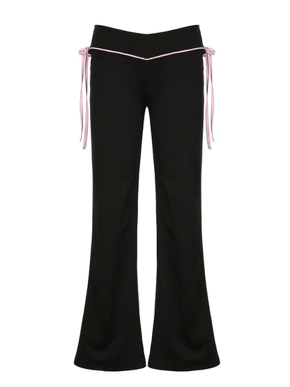 Contrast Lace-up Low Waist Y2k Flared Pants Black Basic Simple Sweet Style Trousers