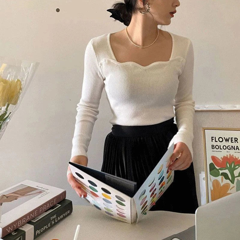 Knitted Pullovers Sweaters Autumn Winter Korean Slim Knitwear Square Collar All Match Jumpers New