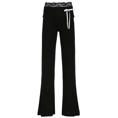 Lace Trim High Waist Flared Pants Hotsweet Y2k S Basic Trousers