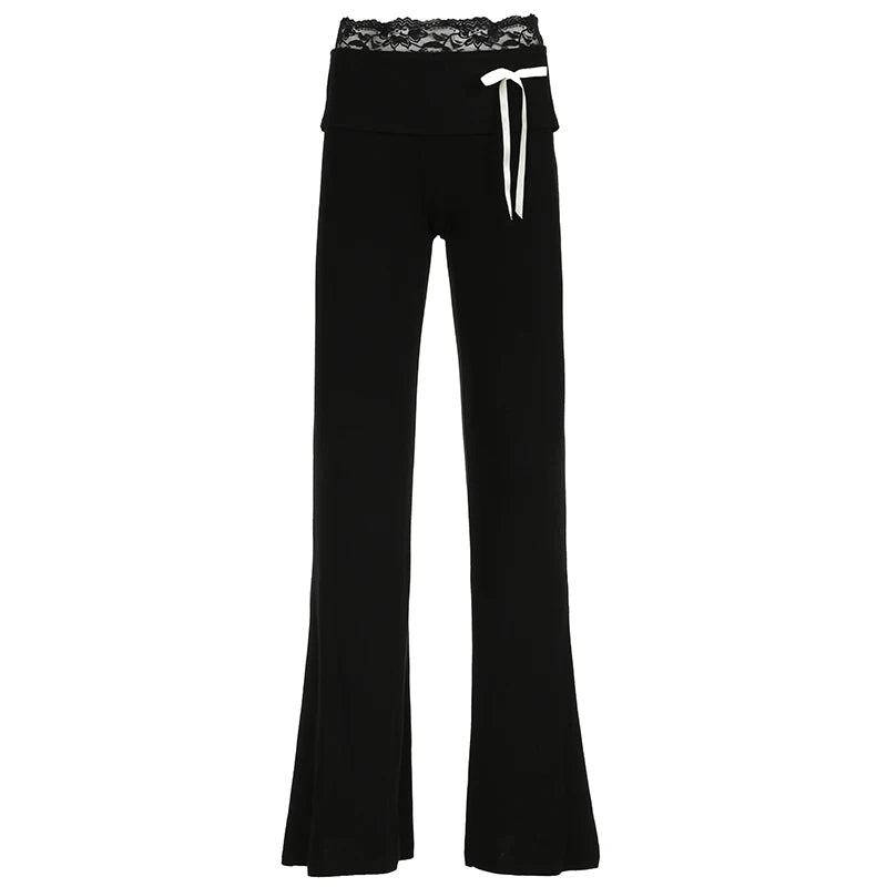 Lace Trim High Waist Flared Pants Hotsweet Y2k S Basic Trousers