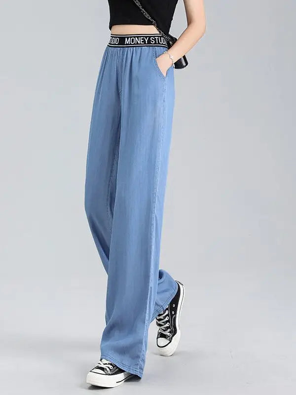 Lyocell Jeans Wide Leg Long Pants Straight Loose High Waist Sport Pants Female Office Trousers Lady Work Wear Thin